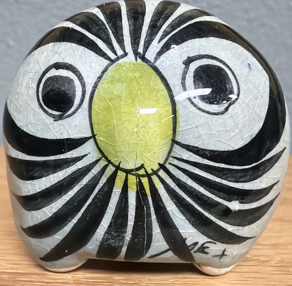 Vintage Mexican Tonala Pottery Owl Hand Painted Glazed Floral Yellow Nose As Is